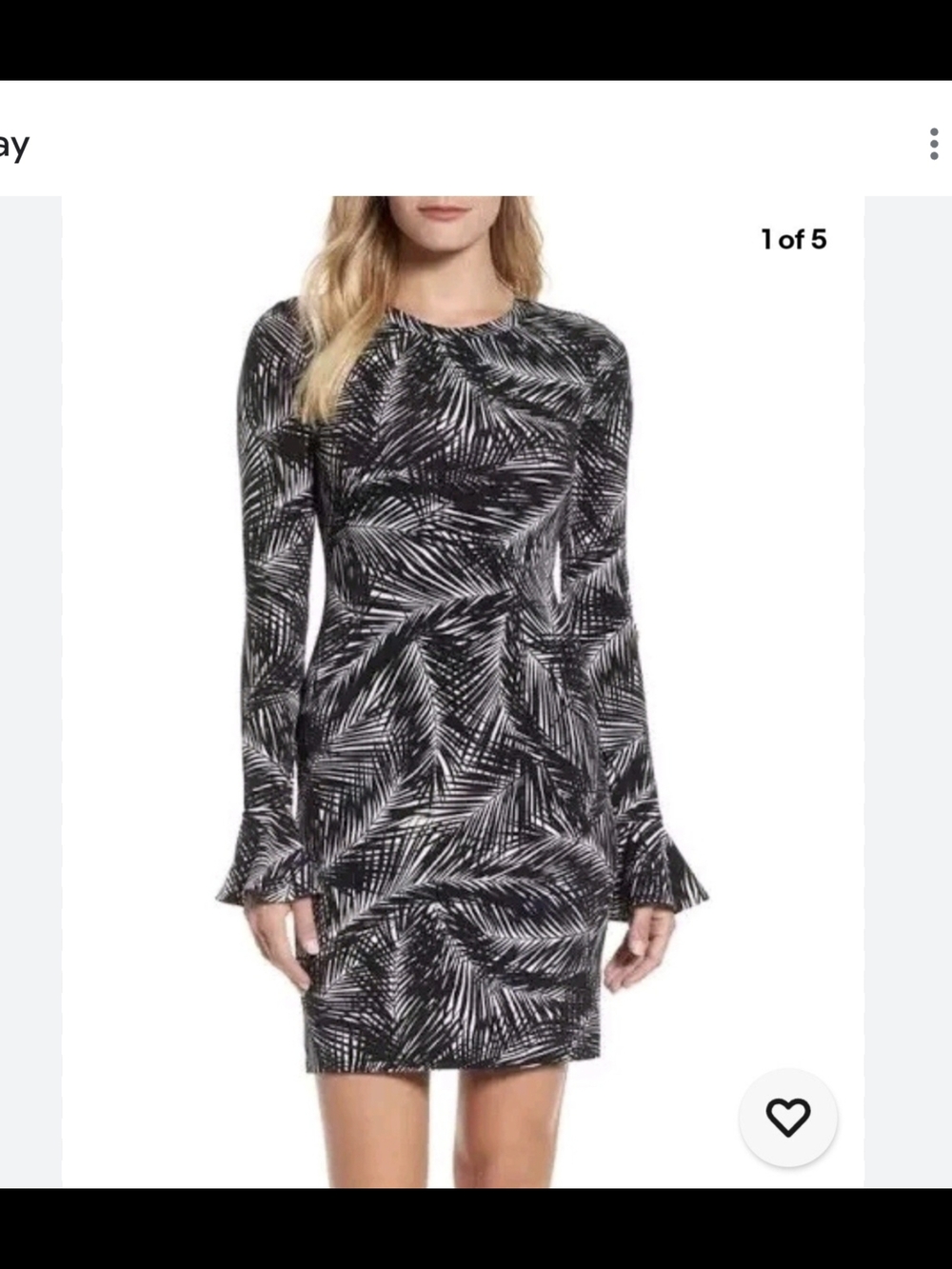 Michael Kors Black and White Palm-Print Long Sleeve Shift Dress